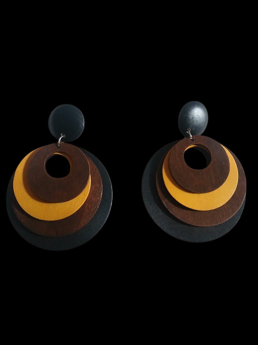 Layered Wood Circle Drop Earrings in Black, Brown & Yellow